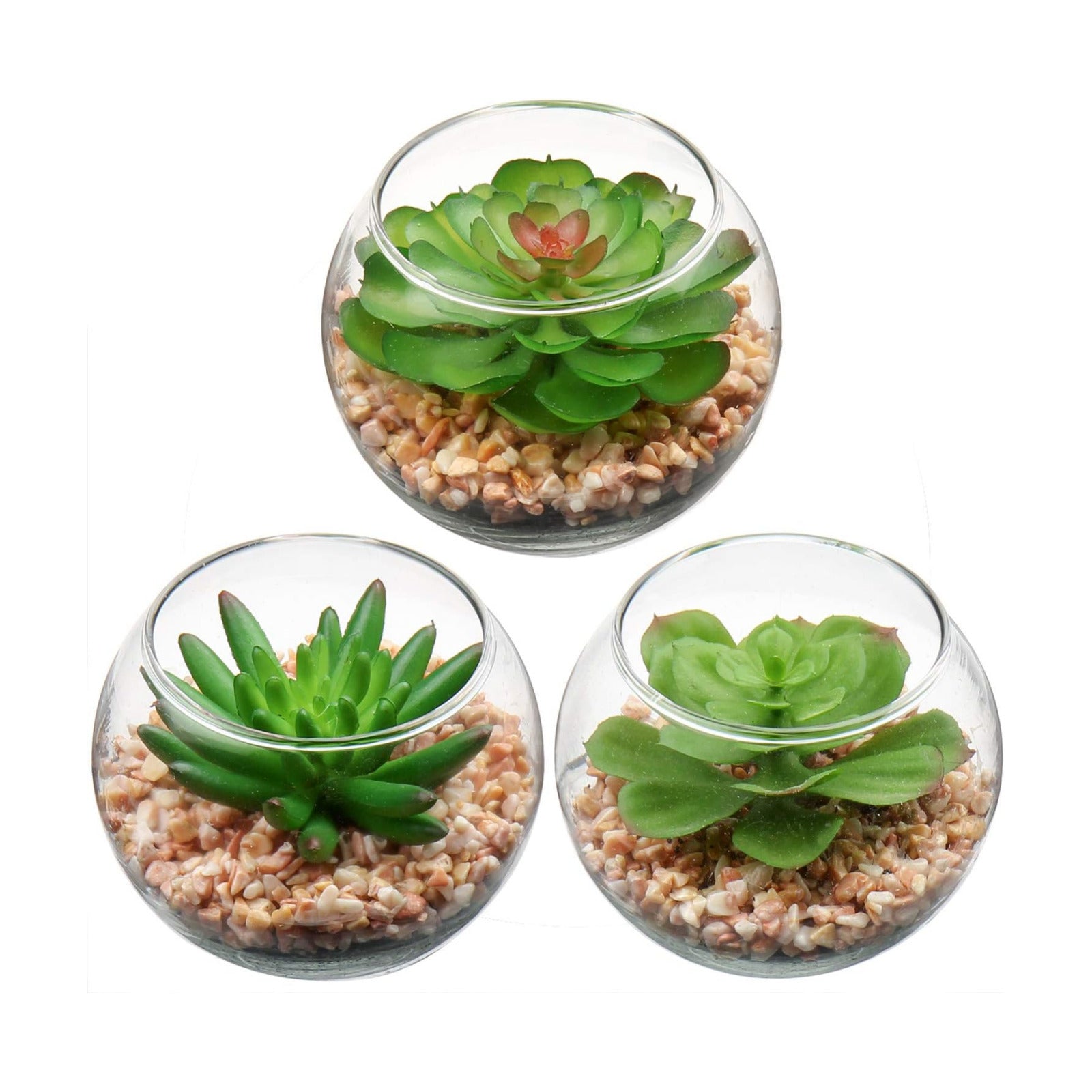 Mini Fake Plants 3 Packs Artificial Succulents Plants in Round Glass Vase / Succulents#07 / Set of 3