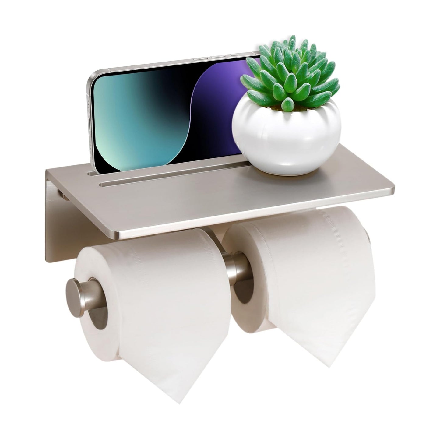 Toilet Paper Holder - Aluminium Double Roll Toilet Tissue Holder with Mobile Phone Shelf for Bathroom, 3M Self Adhesive