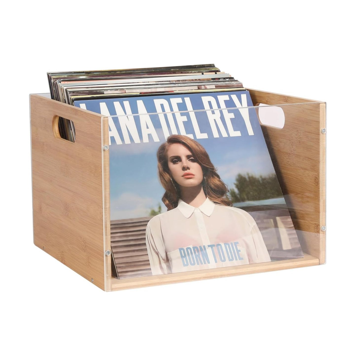 X-cosrack Vinyl Record Storage Crate, Visible Vinyl Record Holder | Acrylic & Bamboo Record Crates with Handle for LP