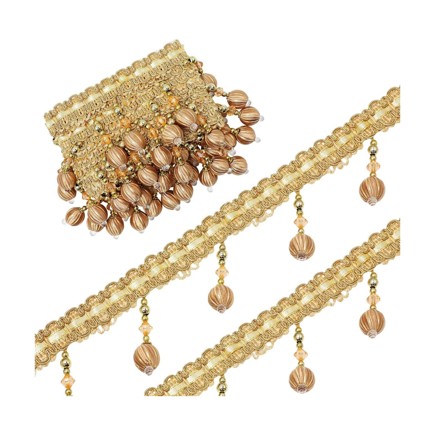 4 Yard Beaded Pendant Hanging Ball Tassel Fringe Trim Macrame for Curtain Tablecloth Home / Gold