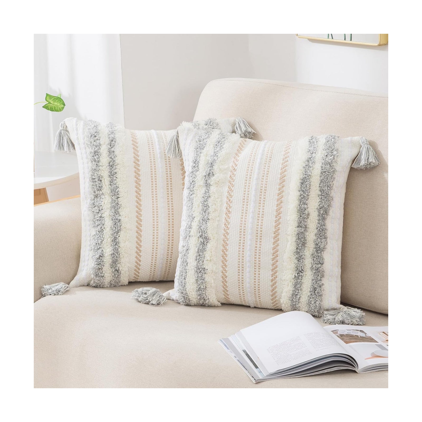 Summer Decorative Boho Throw Pillow Covers / 18 x 18 / Light Grey and Cream White / Set of 2