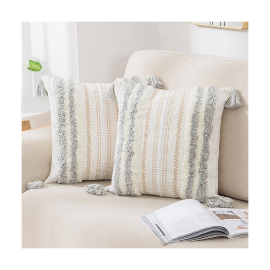 Summer Decorative Boho Throw Pillow Covers / 18 x 18 / Light Grey and Cream White / Set of 2