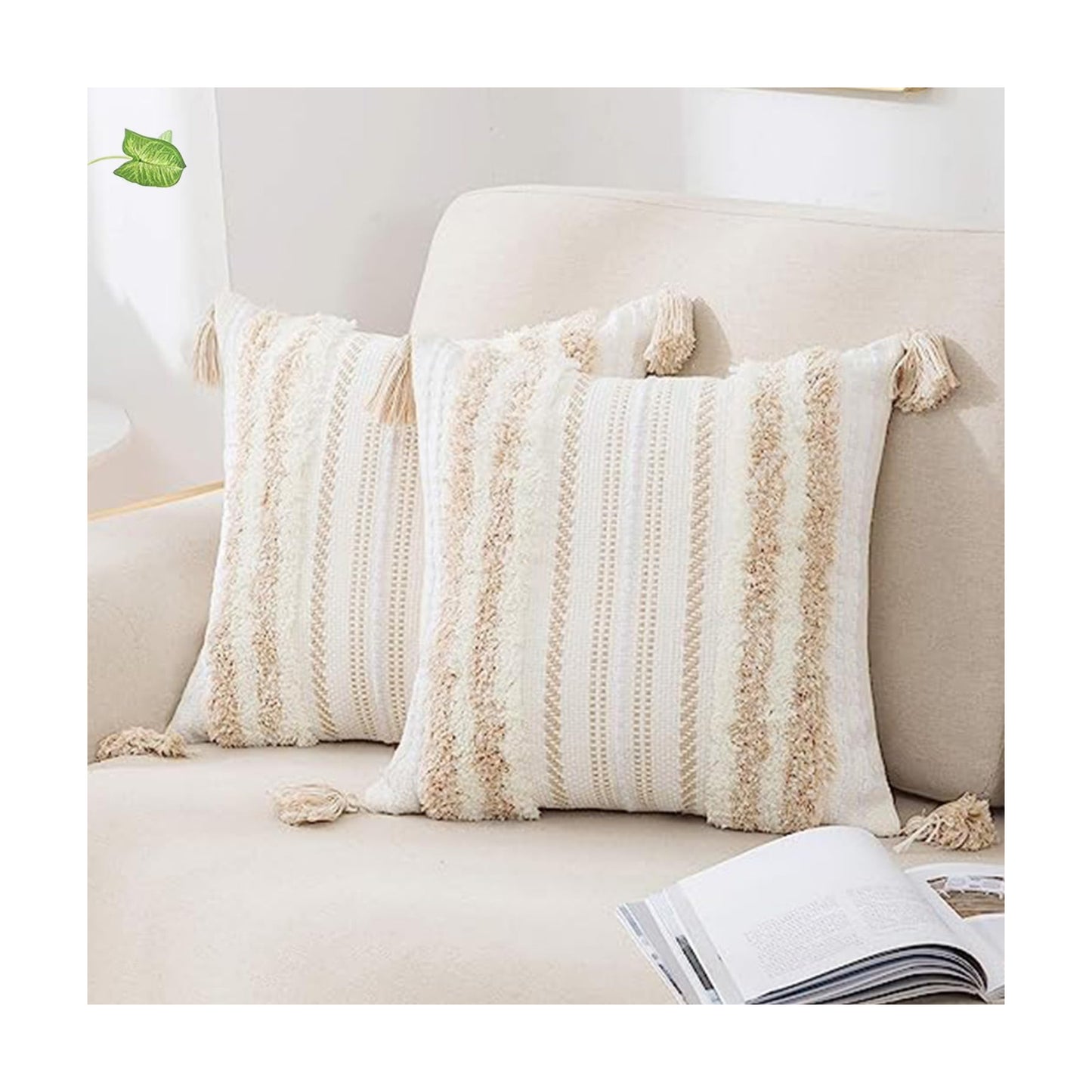 Summer Decorative Boho Throw Pillow Covers / 18 x 18 / Khaki and Cream White / Set of 2