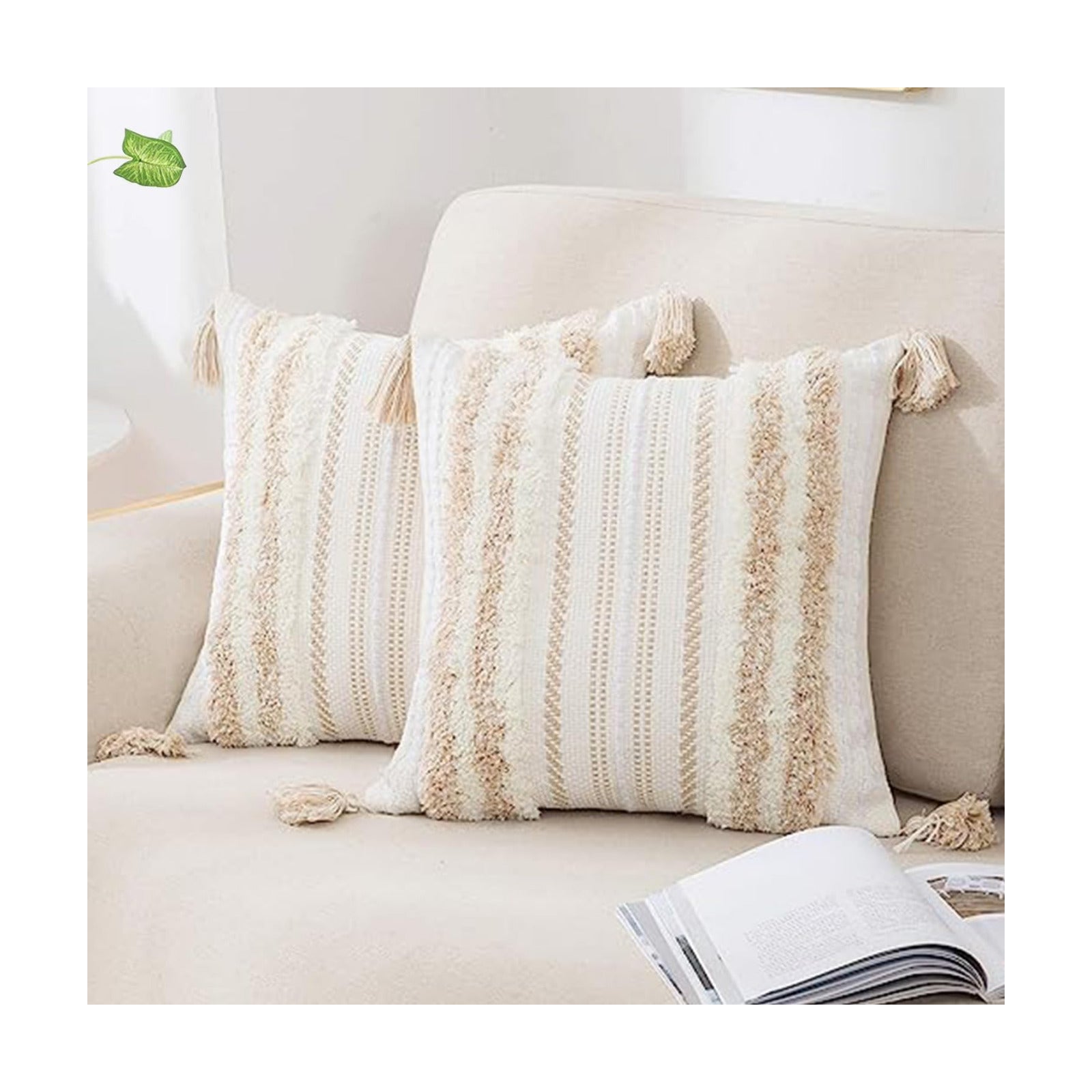 Summer Decorative Boho Throw Pillow Covers / 18 x 18 / Khaki and Cream White / Set of 2
