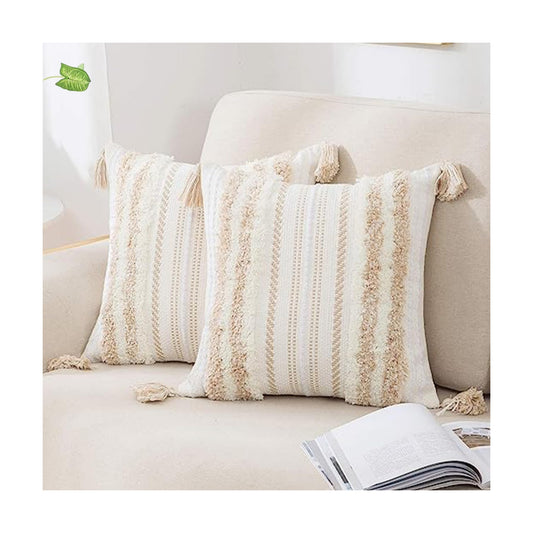 Summer Decorative Boho Throw Pillow Covers / 18 x 18 / Khaki and Cream White / Set of 2