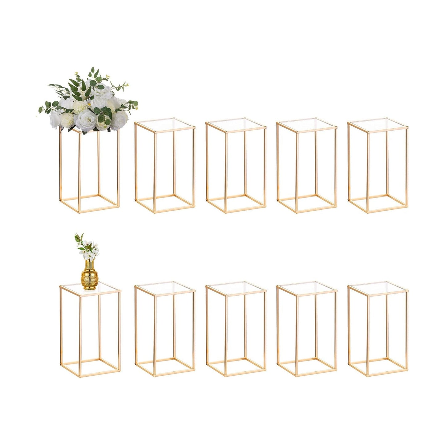 NUPTIO Gold Stands for Centerpieces, Geometric Column, 15.75" Tall, 2 Pcs | Metal Flower Holder, Rectangular Display