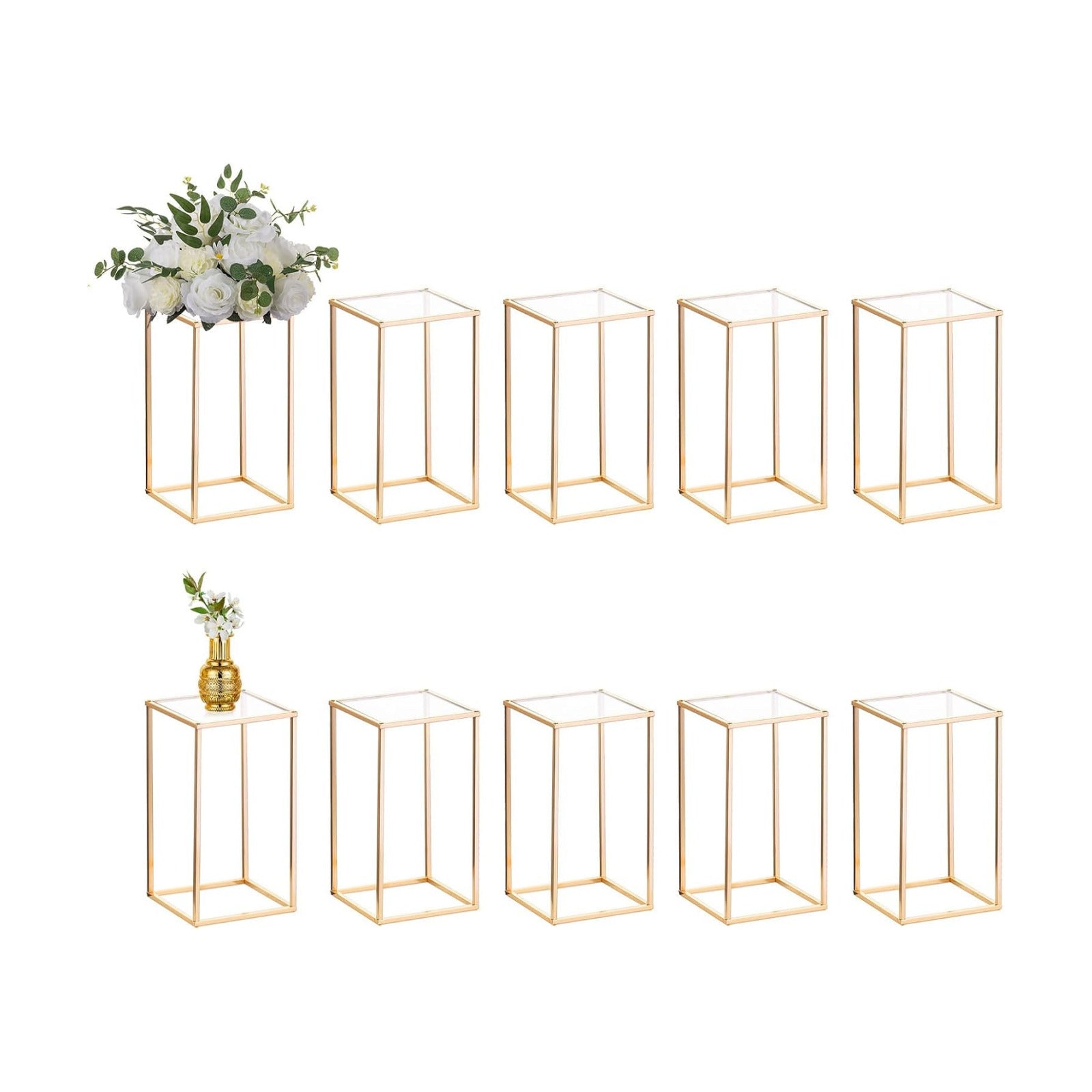 NUPTIO Gold Stands for Centerpieces, Geometric Column, 15.75" Tall, 2 Pcs | Metal Flower Holder, Rectangular Display