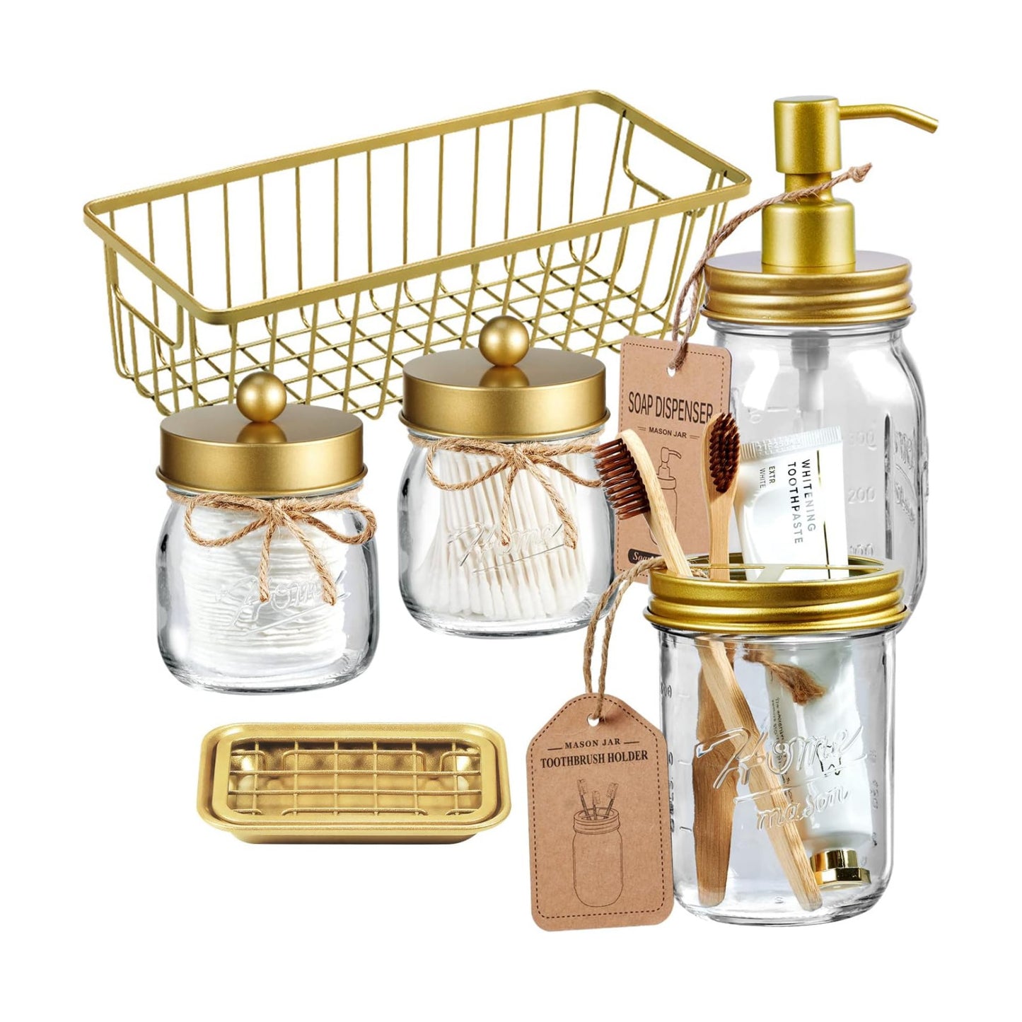 SheeChung Mason Jar Bathroom Accessories Set, 6Pcs Rustic Bathroom Set,Gold | Glass Bathroom Accessory Set, Soap