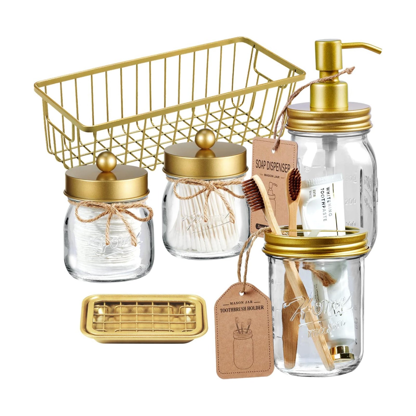 SheeChung Mason Jar Bathroom Accessories Set, 6Pcs Rustic Bathroom Set,Gold | Glass Bathroom Accessory Set, Soap