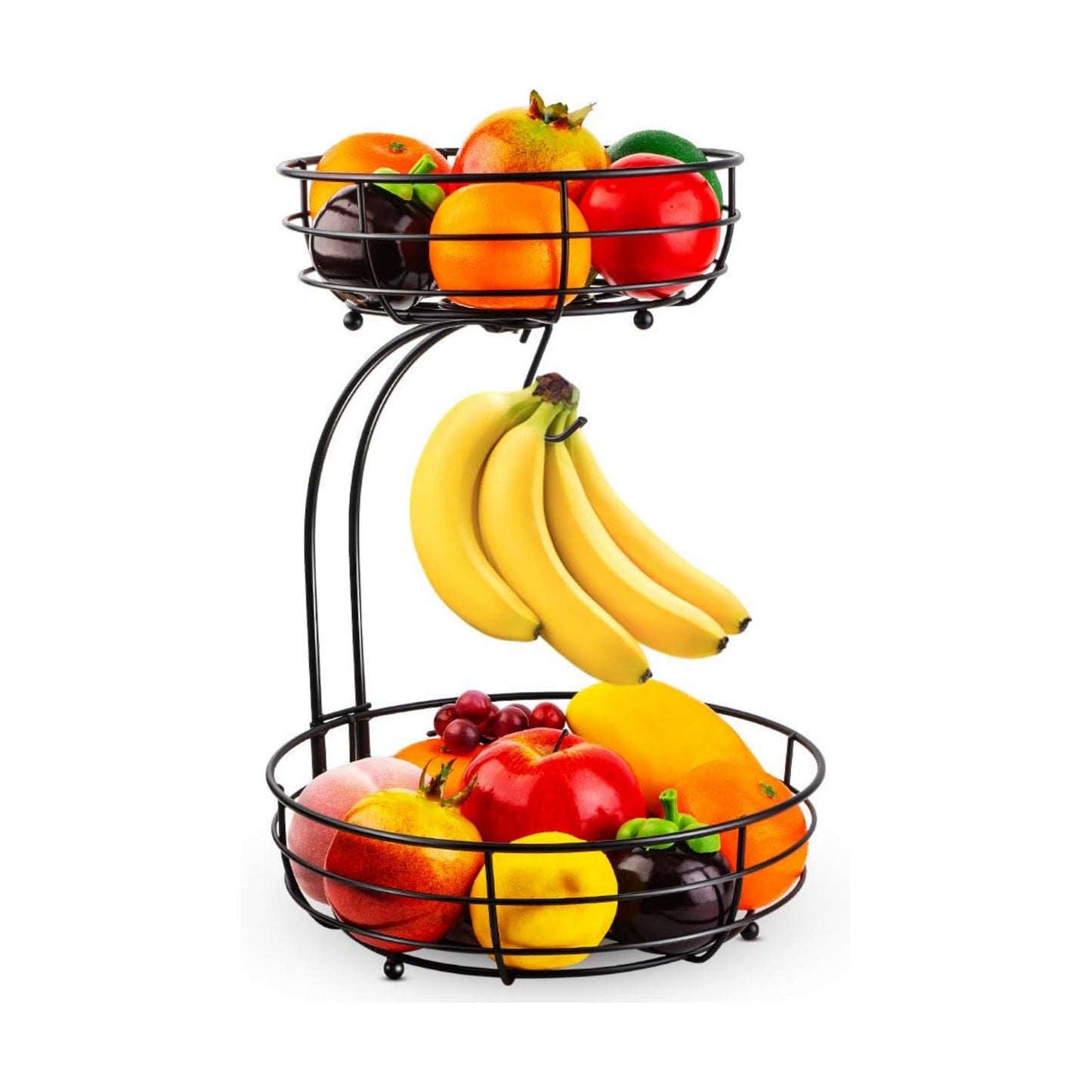 Auledio Iron 2-Tier Countertop Fruit Vegetables Basket Bowl Storage With Banana Hanger, Black, 64 ounces
