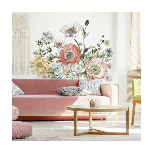 RMK4641TBM Vintage Poppy Floral Peel and Stick Wall Decals / Blue, Yellow, Coral, Pink, Green, White