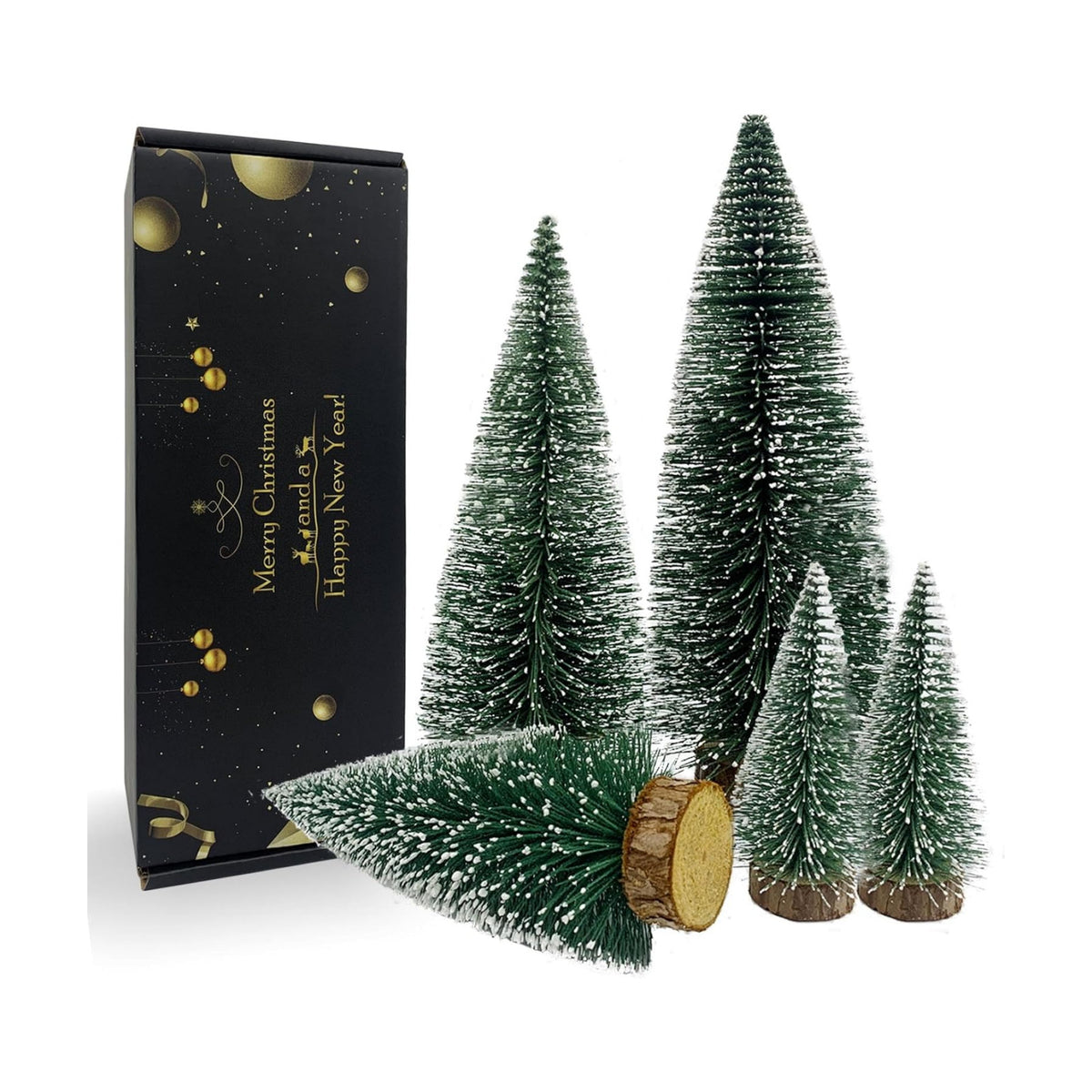 Desktop Miniature Christmas Trees Mini Pine Tree 5pcs with Snow and Wood Base for Xmas Holiday Party Home Tabletop Decor