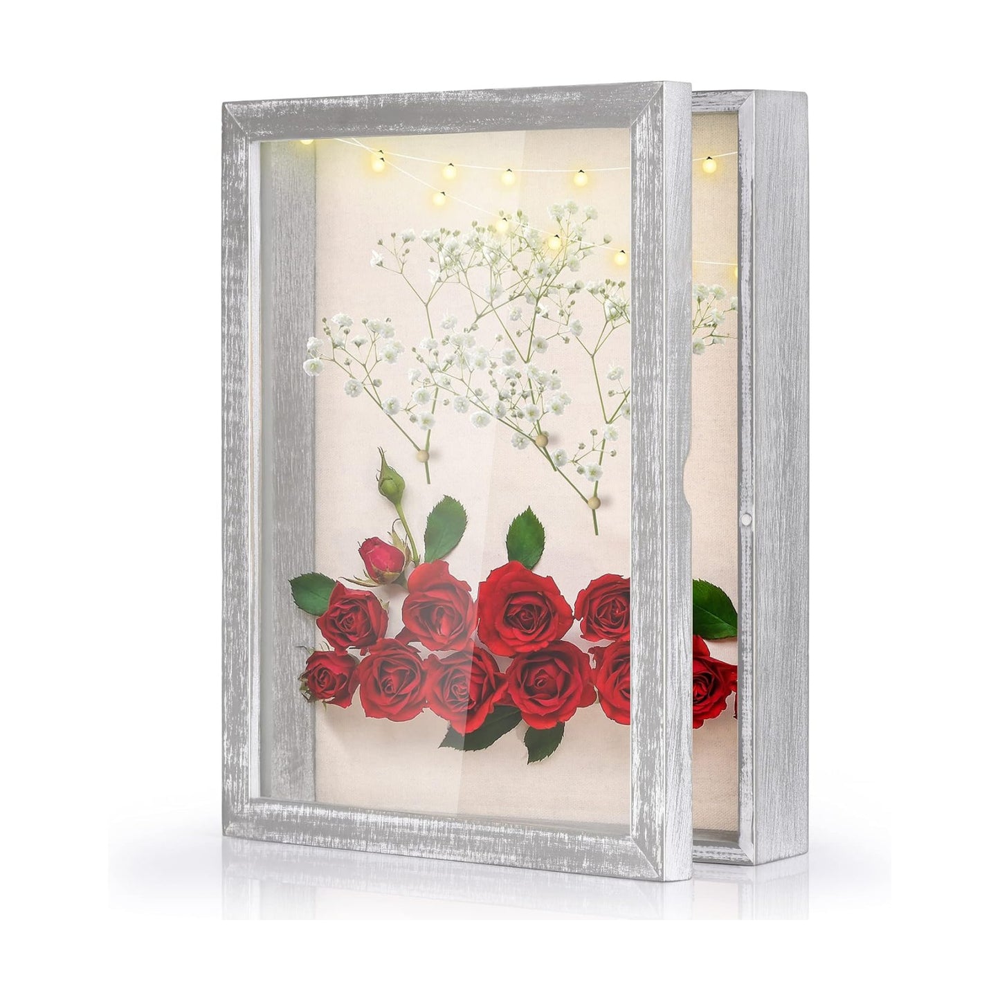 Love-KANKEI Deep Shadow Box 11x14,Solid Wood Frame,Memory Box,Rustic Grey | Front-Opening Glass Magnetic Door,Linen