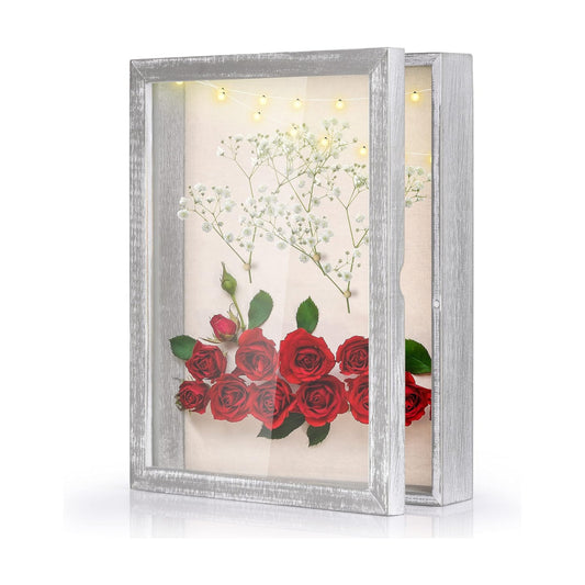 Love-KANKEI Deep Shadow Box 11x14,Solid Wood Frame,Memory Box,Rustic Grey | Front-Opening Glass Magnetic Door,Linen