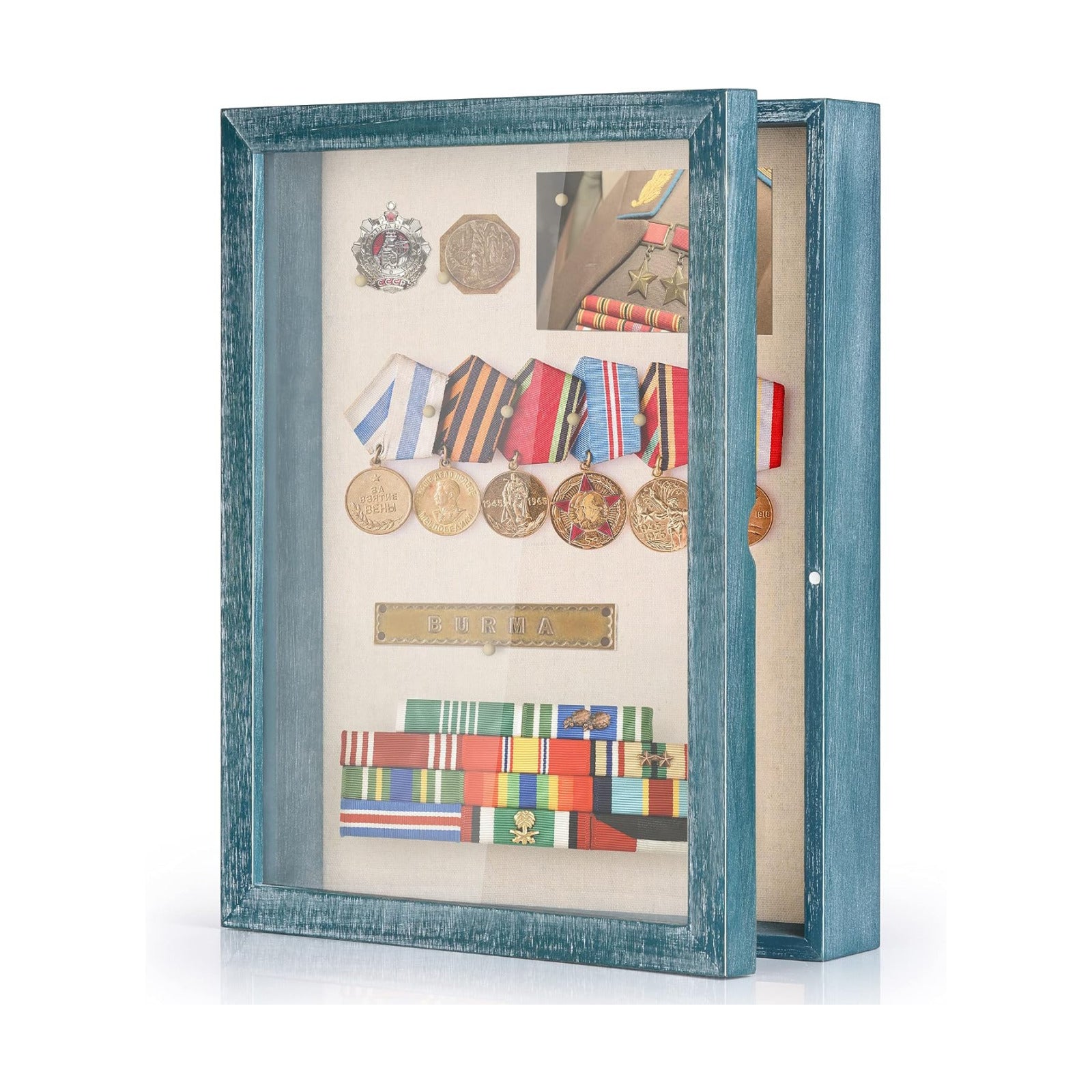 Love-KANKEI Deep Large Shadow Box 11x14,Wood Frame,Memory Box,Rustic Blue | Front-Opening Glass Magnetic Door,Linen