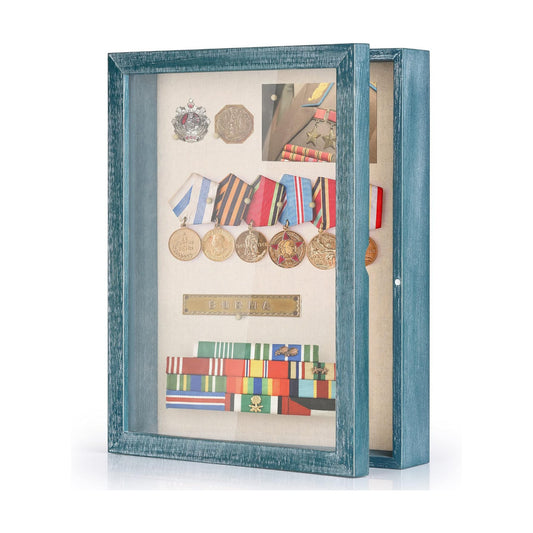 Love-KANKEI Deep Large Shadow Box 11x14,Wood Frame,Memory Box,Rustic Blue | Front-Opening Glass Magnetic Door,Linen