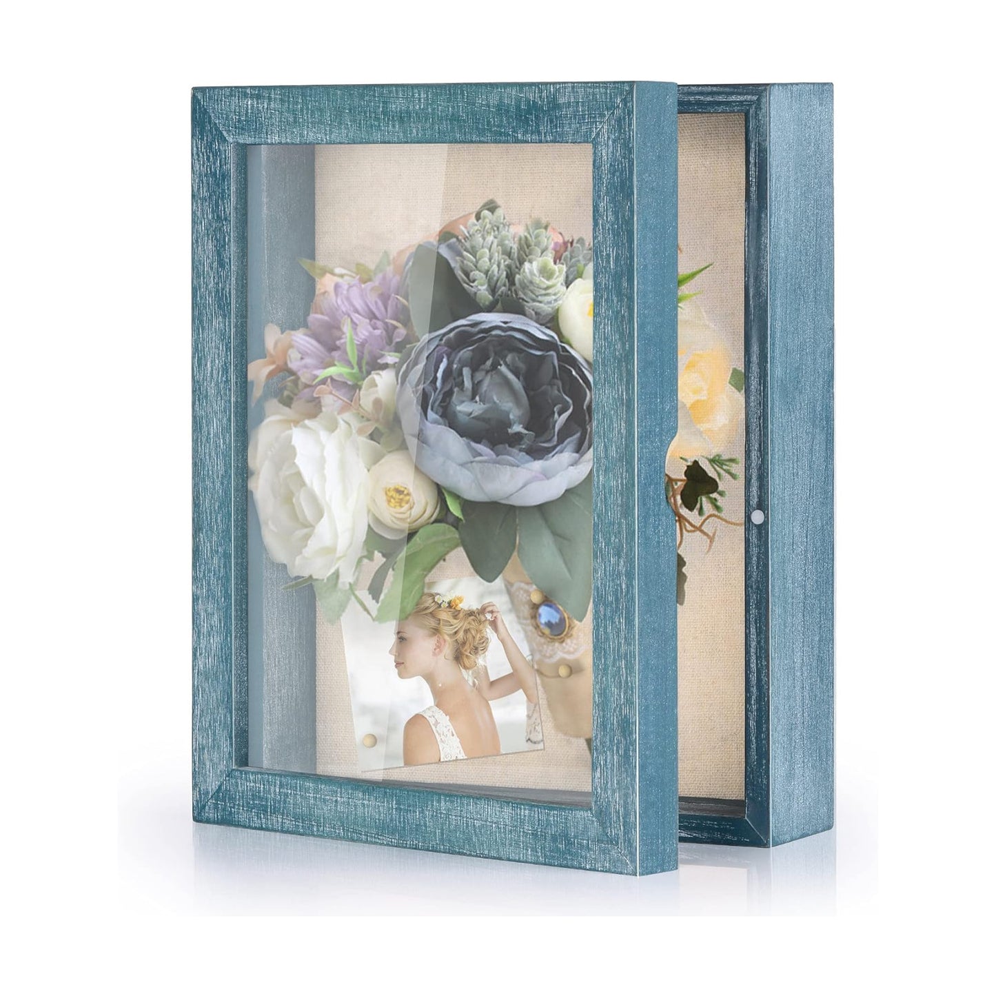 Love-KANKEI Deep Shadow Box 8x10,Solid Wood Frame,Memory Box,Rustic Blue | Front-Opening Glass Magnetic Door,Linen