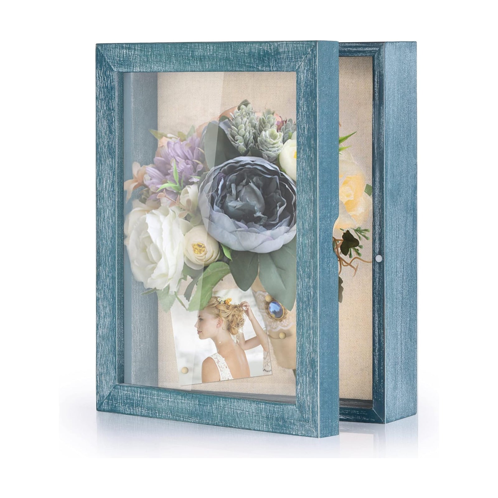 Love-KANKEI Deep Shadow Box 8x10,Solid Wood Frame,Memory Box,Rustic Blue | Front-Opening Glass Magnetic Door,Linen