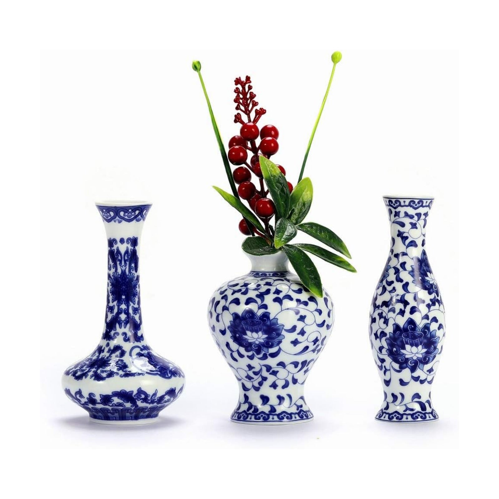 Ceramic Bud vase in Bulk for Farmhouse Table Centerpiece / Blue & White Porcelain Set / Set of 3