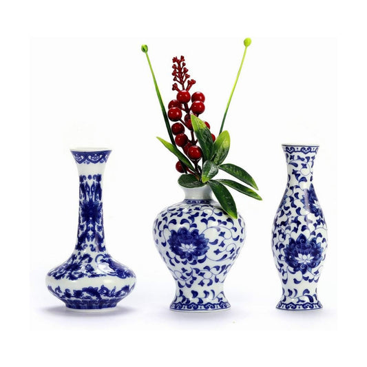 Ceramic Bud vase in Bulk for Farmhouse Table Centerpiece / Blue & White Porcelain Set / Set of 3