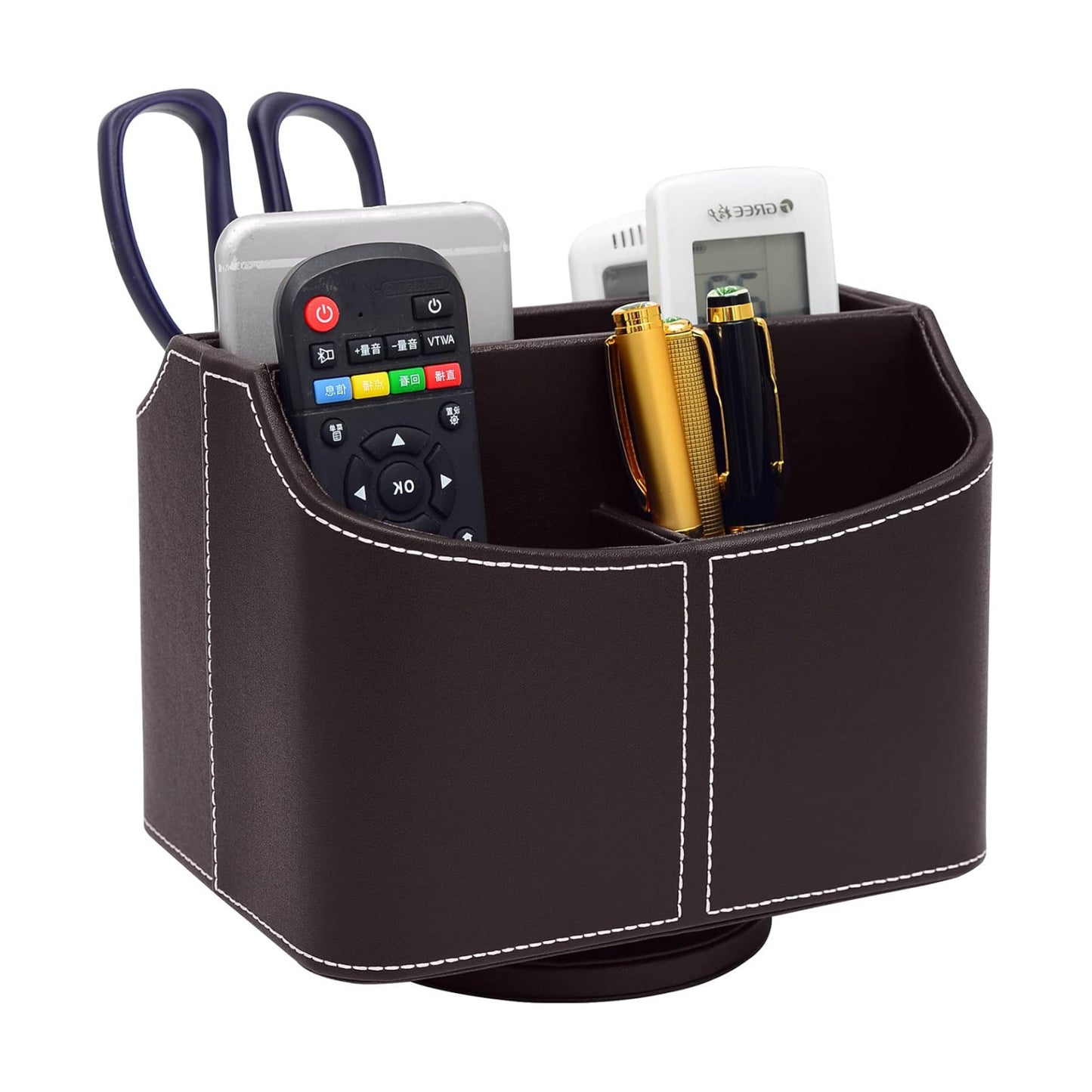 PU Leather Remote Control Holder 360 Degree Spinning Desk Organizer Storage Box for Remote / Brown