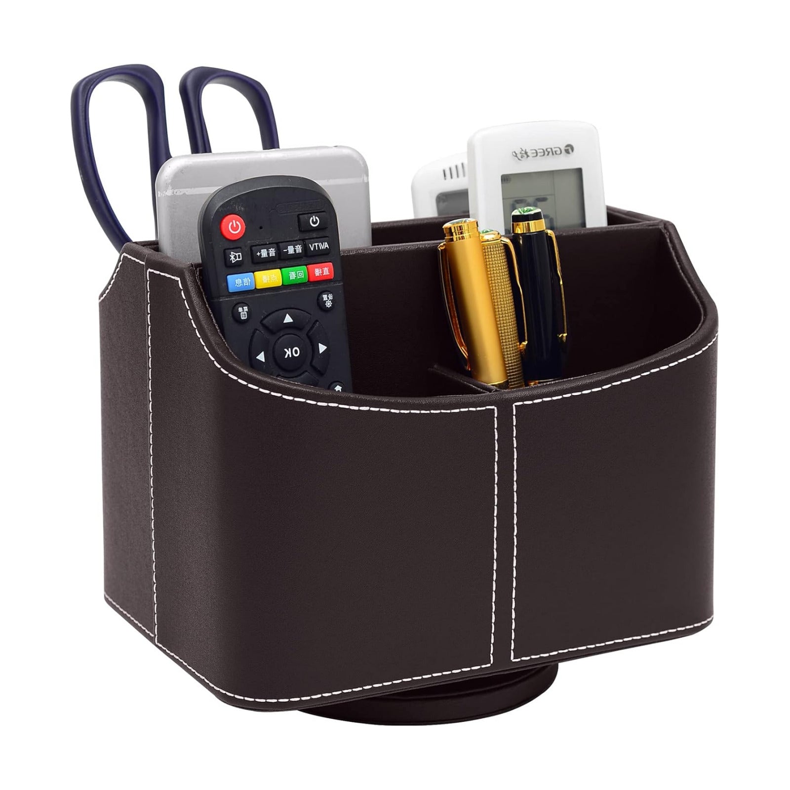 PU Leather Remote Control Holder 360 Degree Spinning Desk Organizer Storage Box for Remote / Brown
