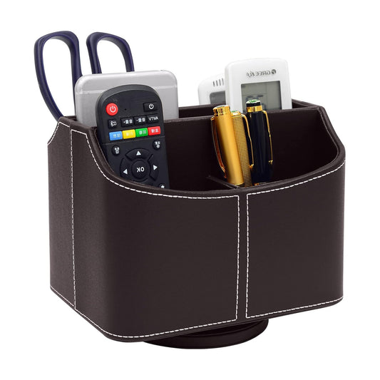 PU Leather Remote Control Holder 360 Degree Spinning Desk Organizer Storage Box for Remote / Brown