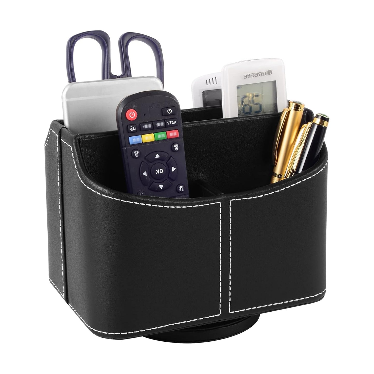 PU Leather Remote Control Holder Rotate 360 ​​degrees Desk Organizer Storage Box for Remote / Black