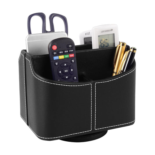 PU Leather Remote Control Holder Rotate 360 ​​degrees Desk Organizer Storage Box for Remote / Black