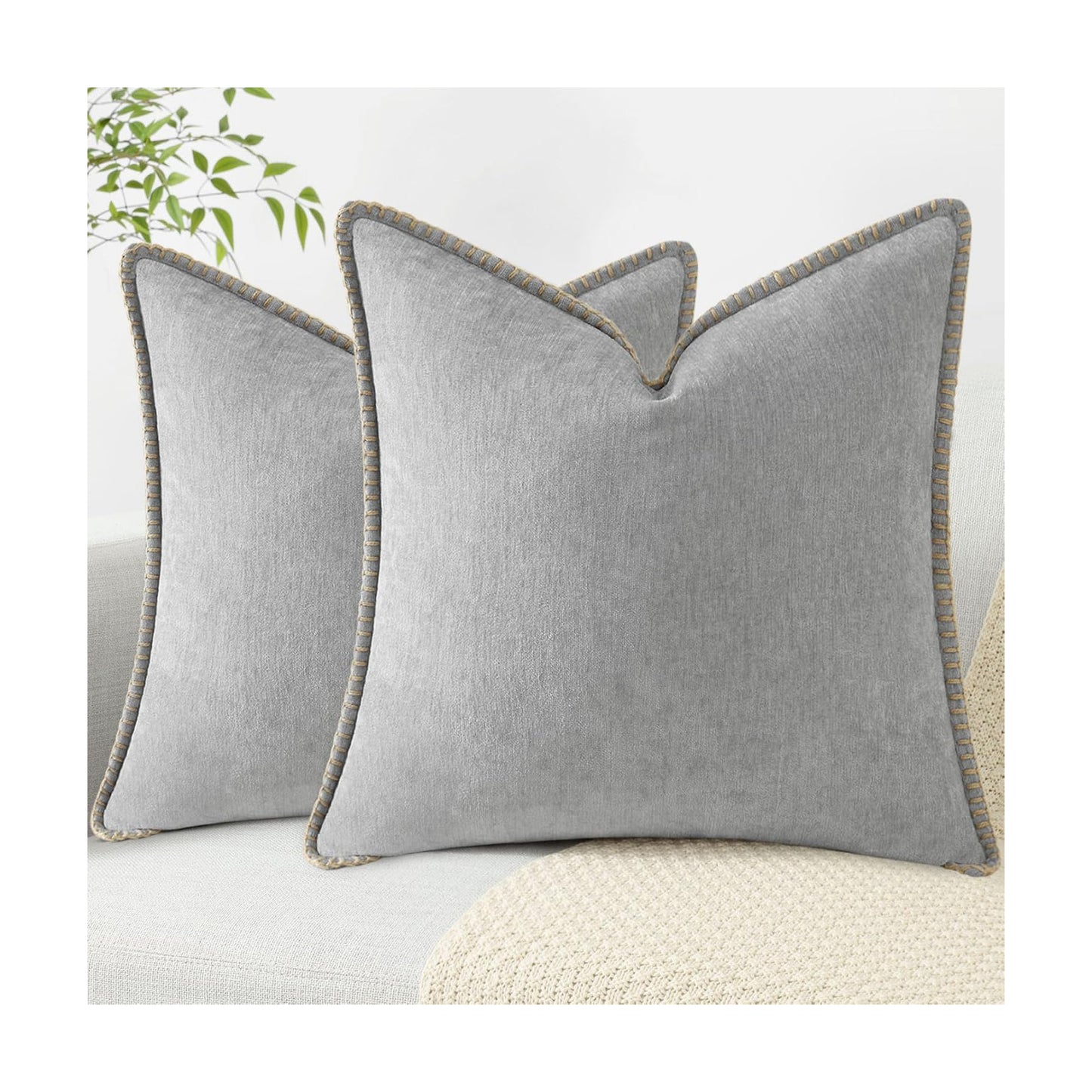 Fall Chenille Soft Throw Pillow Covers / Ultimate Gray / 18 x 18 / Set of 2