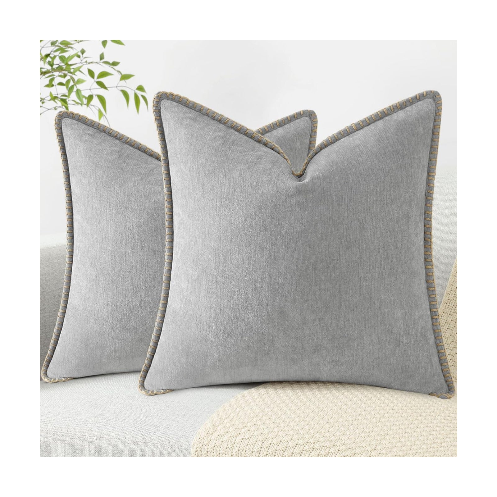 Fall Chenille Soft Throw Pillow Covers / Ultimate Gray / 18 x 18 / Set of 2