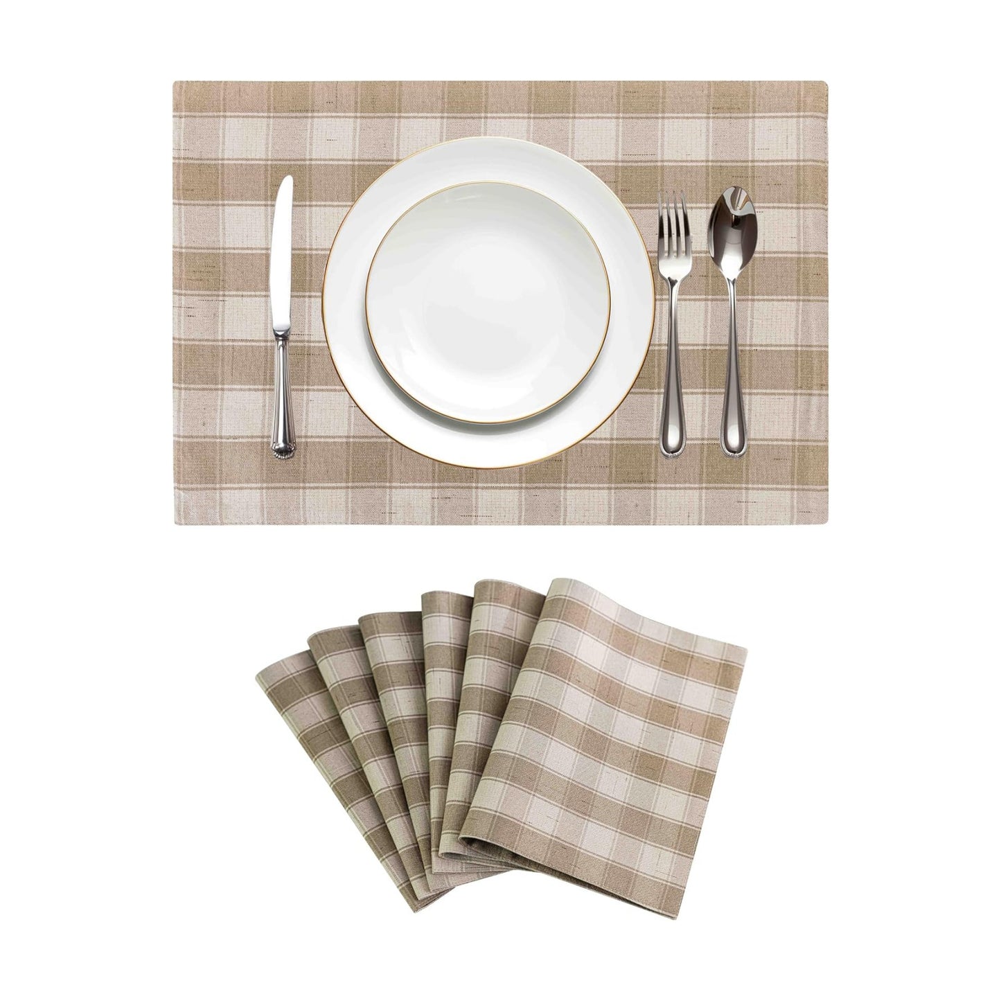 Home Brilliant Beige Placemats Set of 6 Farmhouse Buffalo Plaid Place Mats Machine Washable Dining Cloth Table Place
