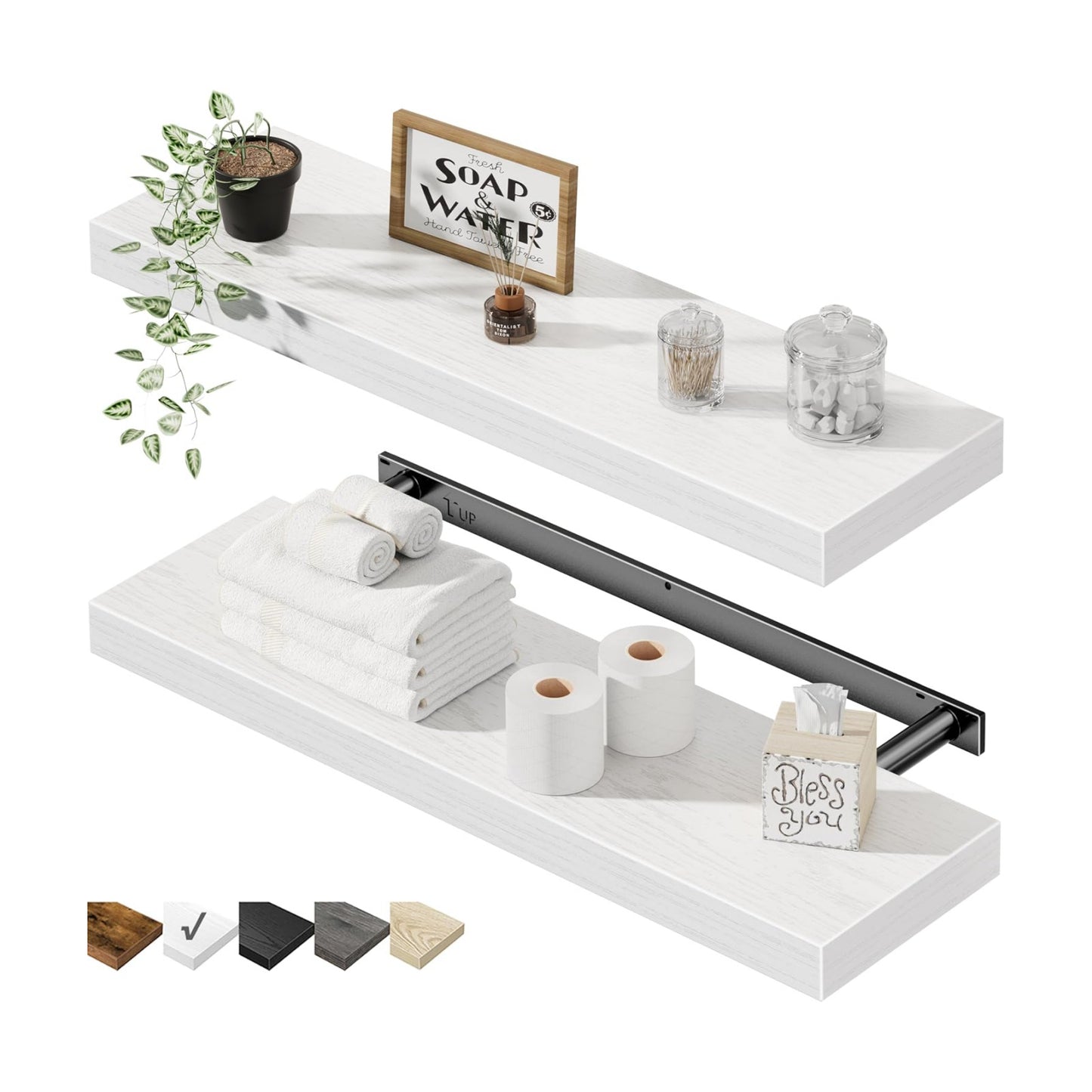 QEEIG Bathroom Long Floating Shelves for Wall (White, Set of 2, 23.6")