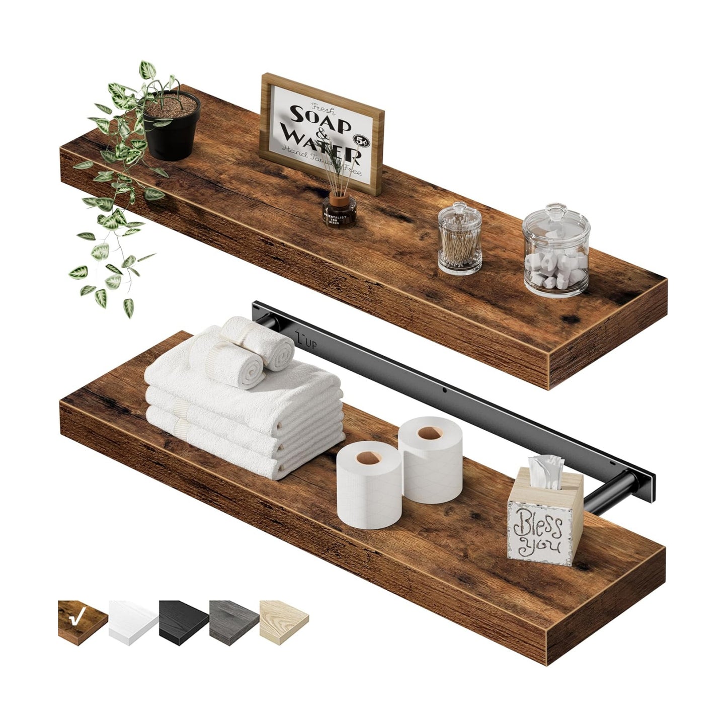 QEEIG Bathroom Long Floating Shelves for Wall (Brown, Set of 2, 23.6")