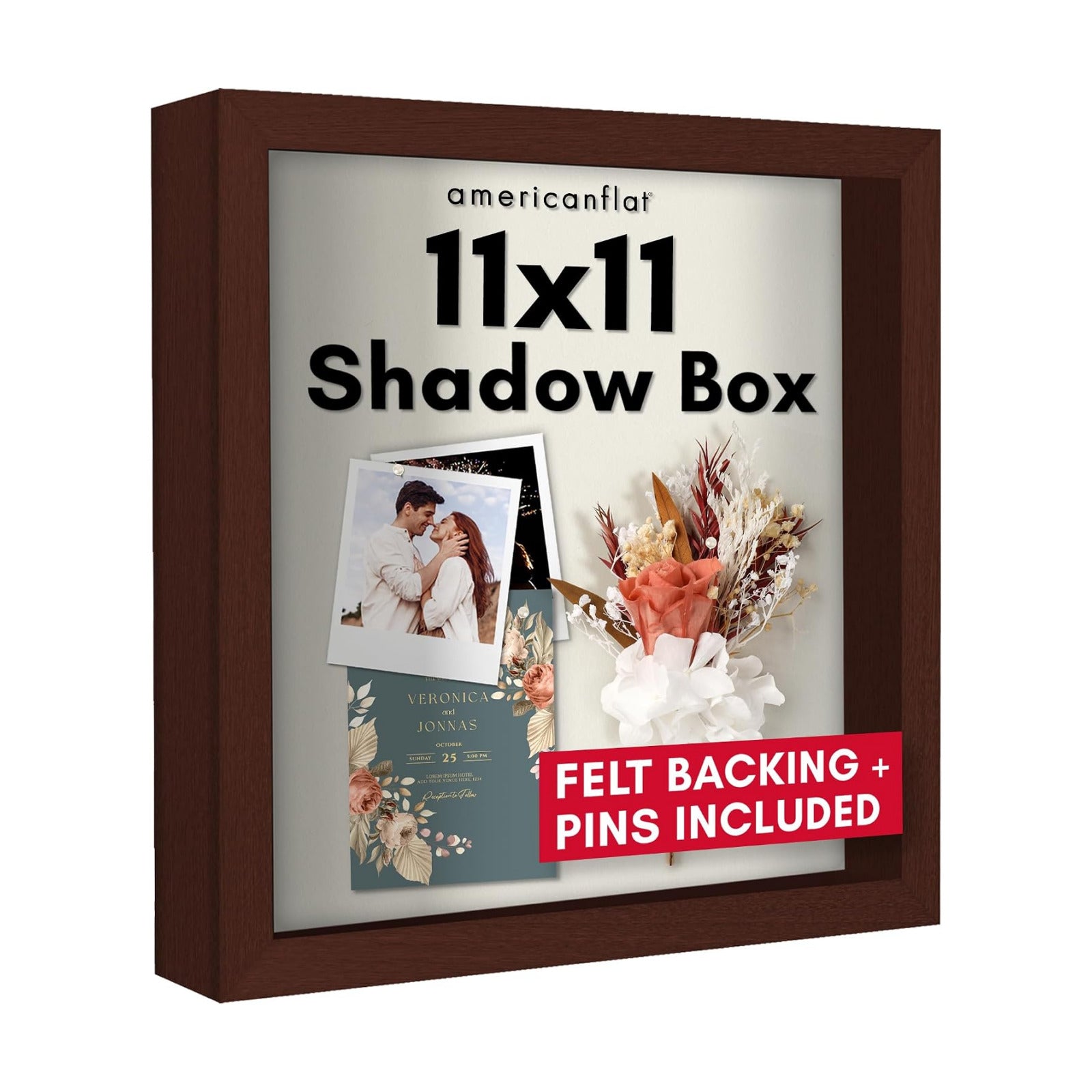 Americanflat 11x11 Shadow Box Frame - Engineered Wood - Mahogany | Shatter-resistant glass, 1.5 inch interior depth