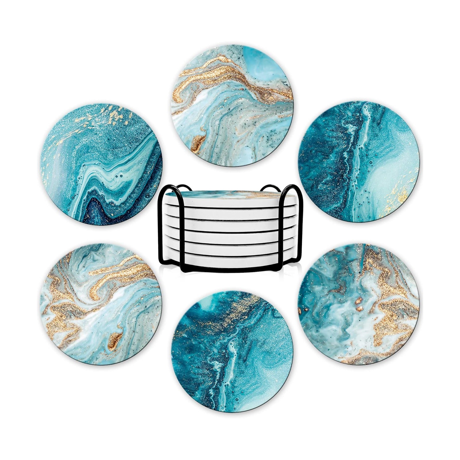 Holder / Round Absorbent Ceramic Stone Coasters / Blue / Set of 6
