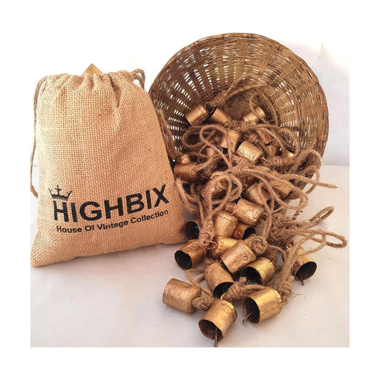 HIGHBIX 4cm Small Vintage Rustic Lucky Tin Metal Cow Bells Handmade Christmas Décor Bells on Jute Rope (30, Cylinder)