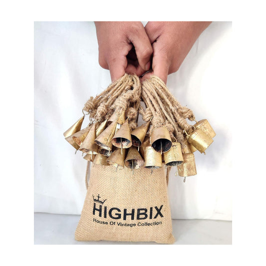 HIGHBIX 4cm Small Vintage Rustic Lucky Tin Metal Cow Bells Handmade Christmas Décor Bells on Jute Rope (30