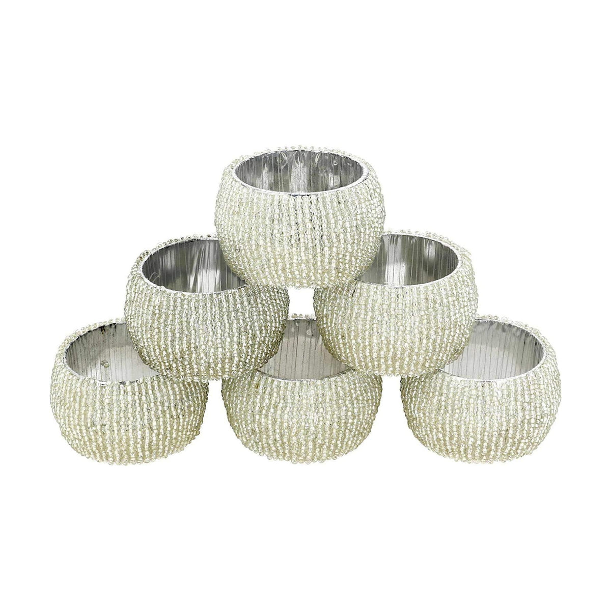 Silver Beaded Napkin Rings Set of 6 – Luxury Decorative Napkin Holders for Dining Table, Wedding, Party & Festive Table Decor – Elegant Handmade Bead Design, Durable & Reusable