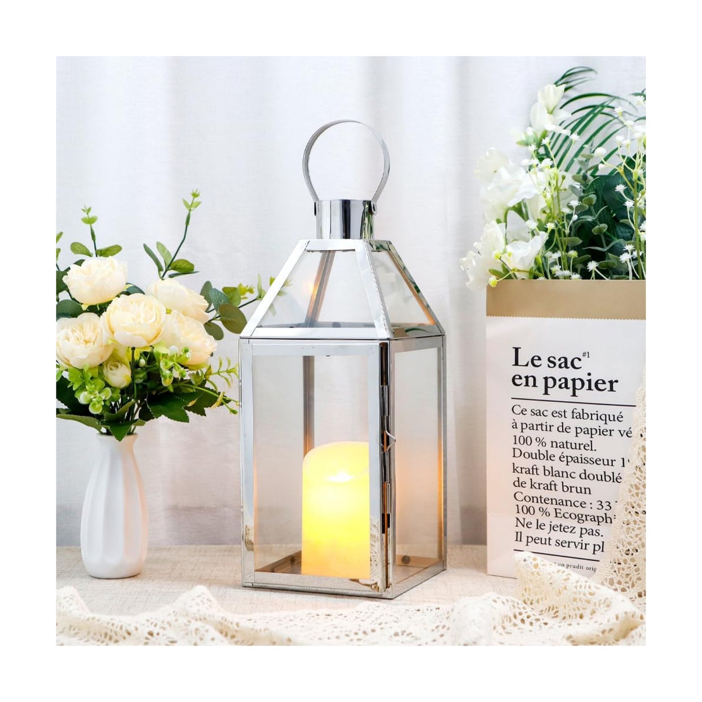 JHY Design Silver Decorative Lanterns 16inch High Stainless Steel Candle Lanterns with Tempered Glass for Indoor