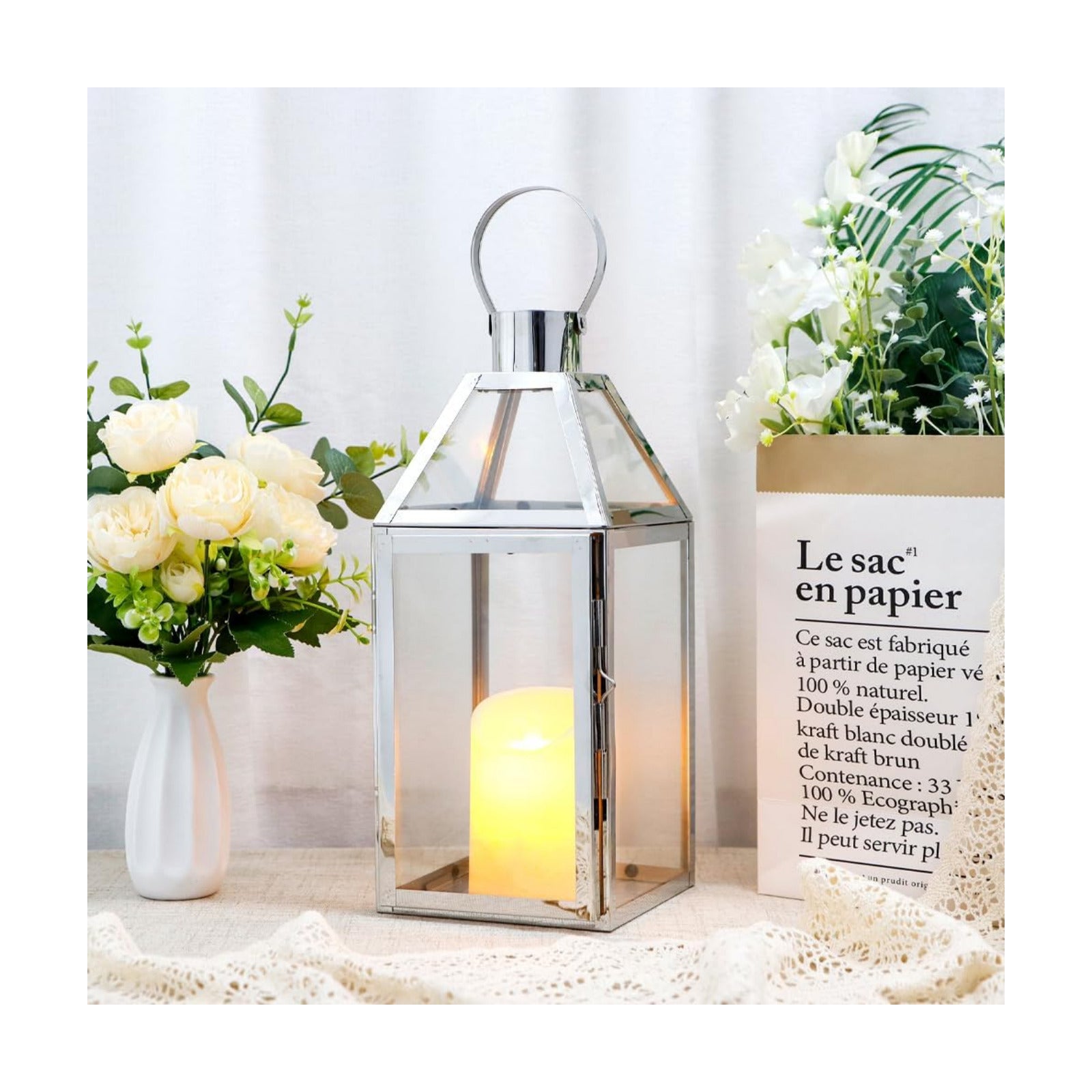 JHY Design Silver Decorative Lanterns 16inch High Stainless Steel Candle Lanterns with Tempered Glass for Indoor