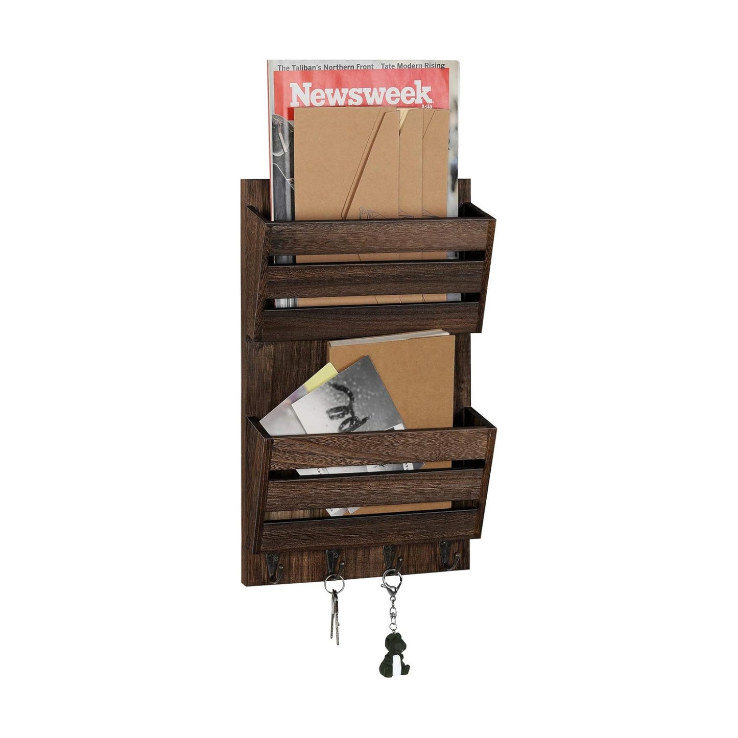 Mail Holder / 4 Key Hooks / Dark Brown