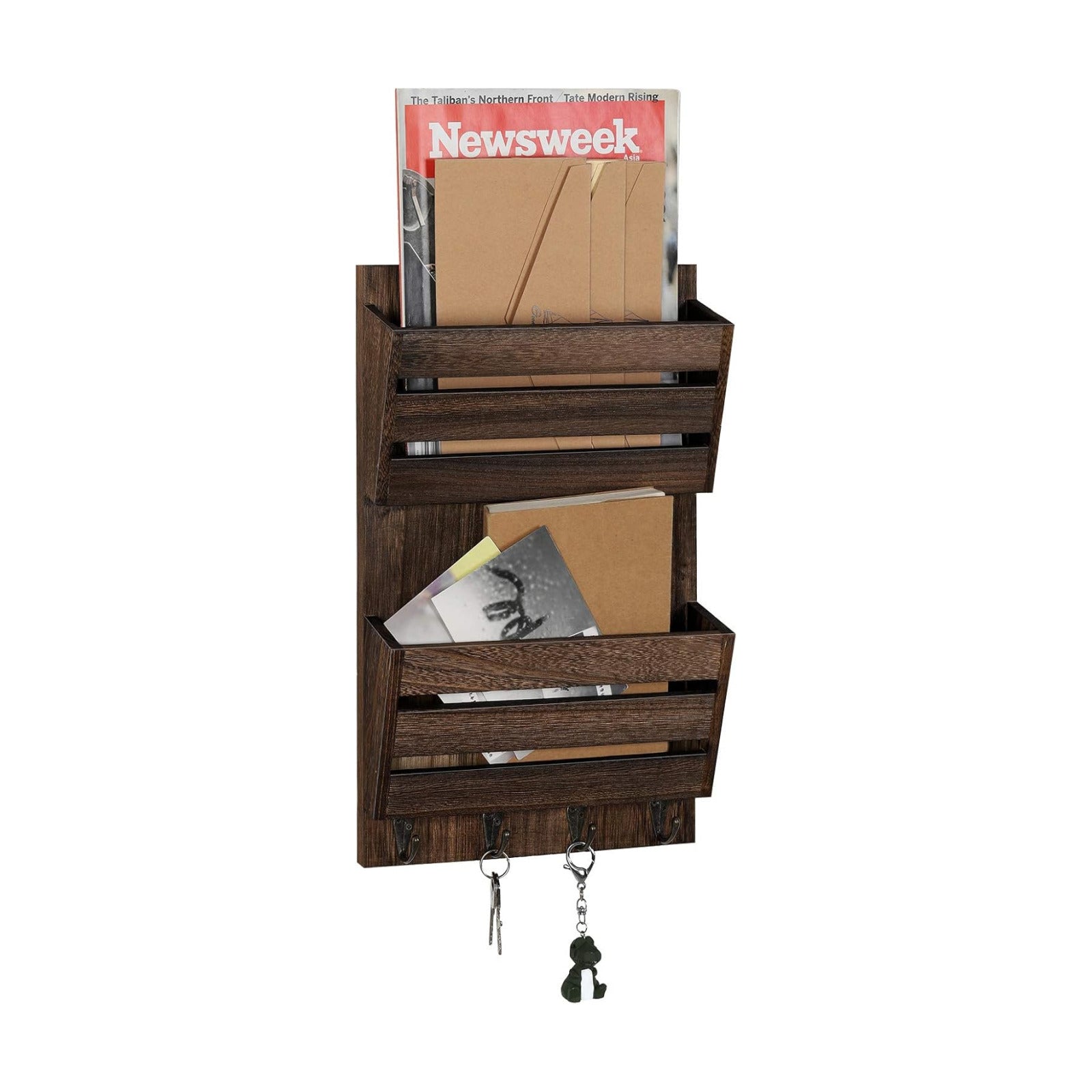 Mail Holder / 4 Key Hooks / Dark Brown