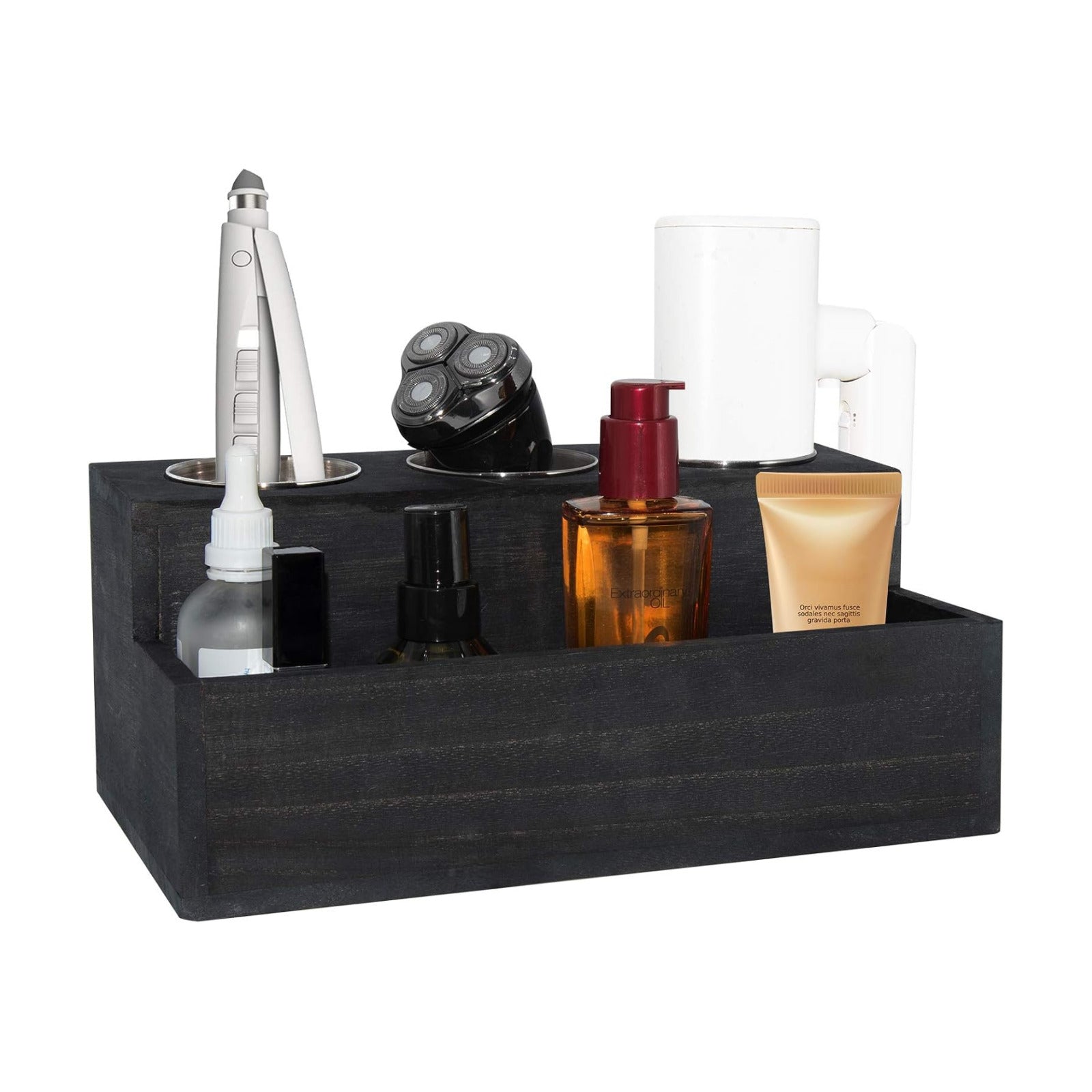 Wooden Hair Dryer Holder - Rustic Hair Tools Organizer with 3 Circular Holes and 1 Compartment, Bath Accessories