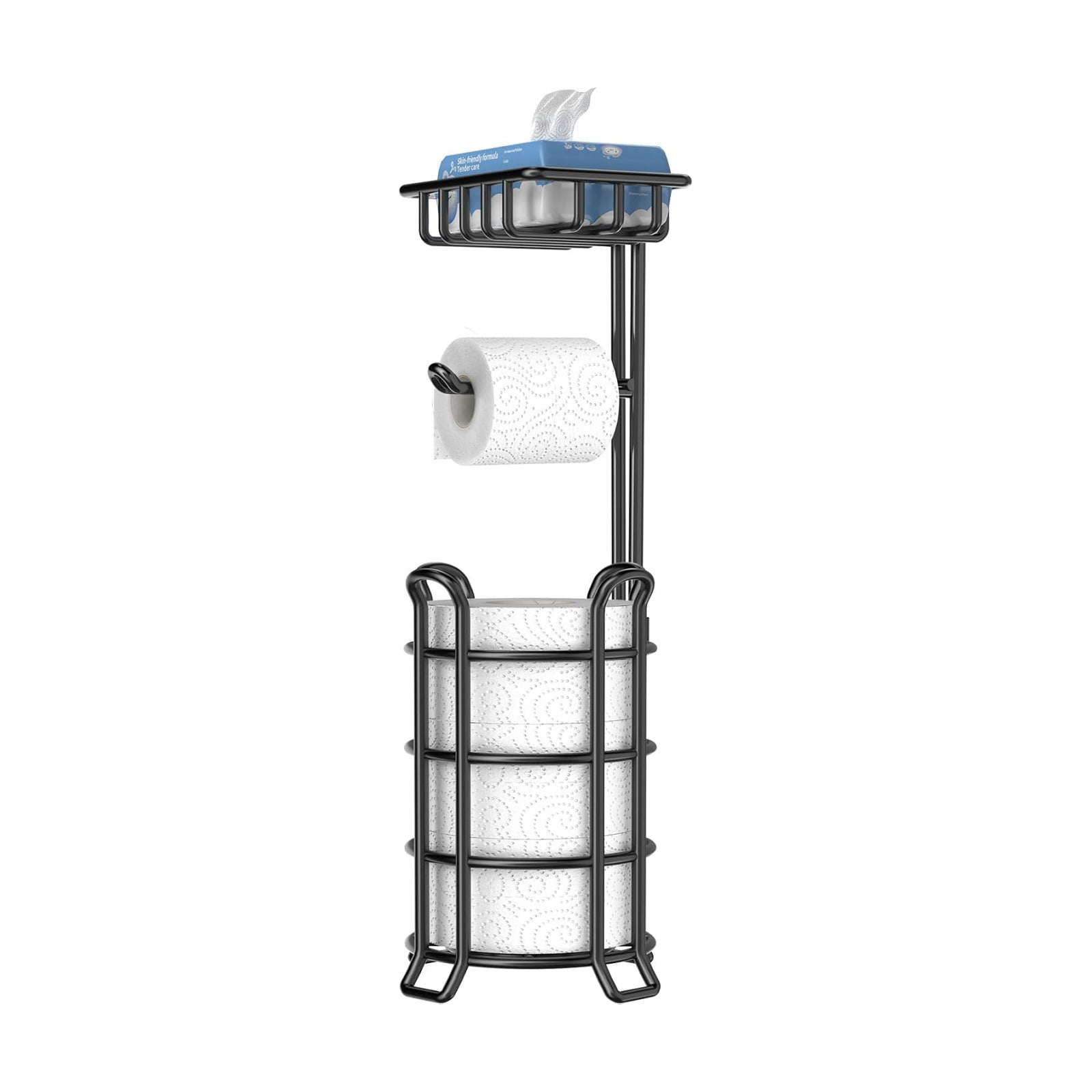 TomCare Toilet Paper Holder Free Standing with Shelf, Stable 4 Raised Feet | Stores 4 Mega Rolls, Tool-Free Assembly