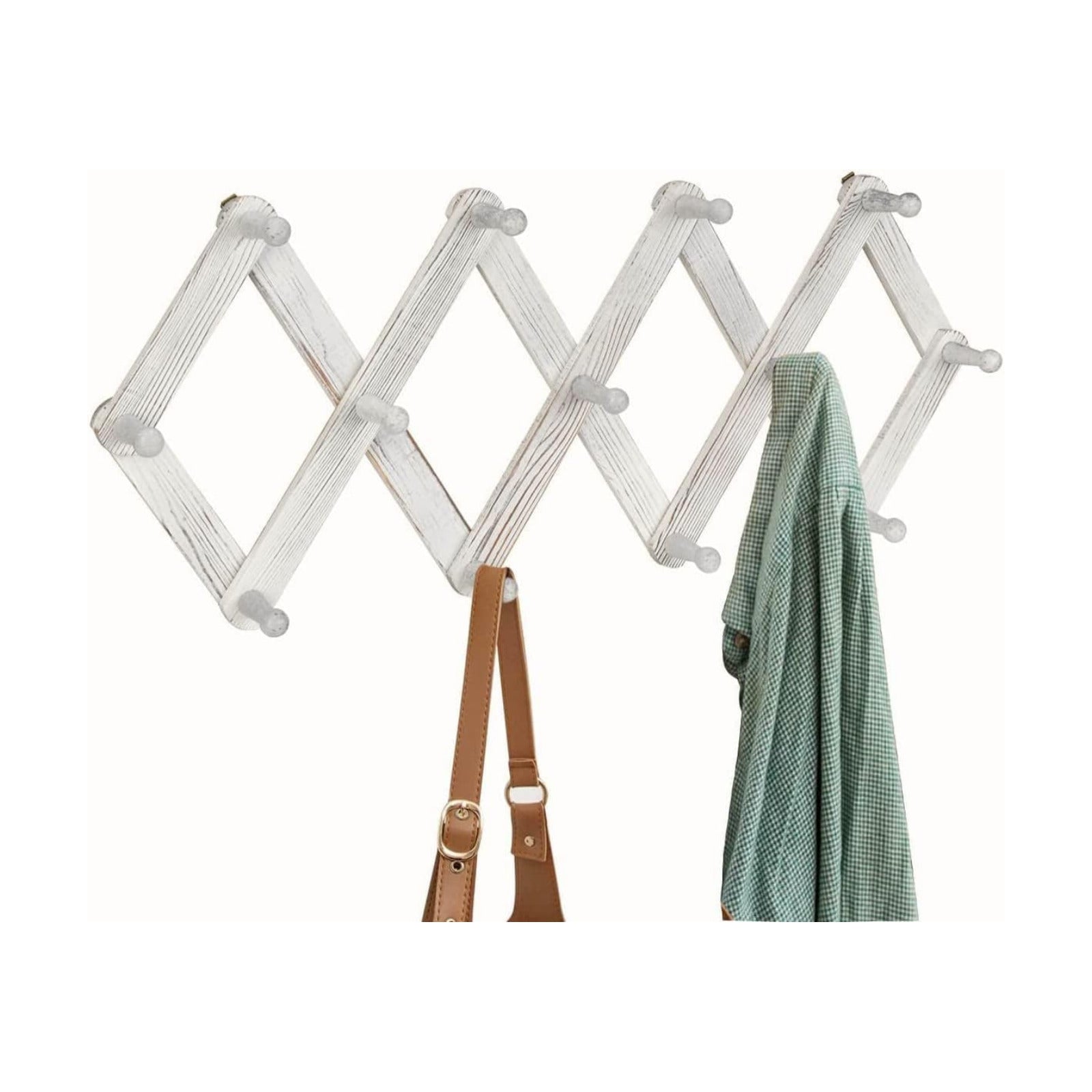 Accordian Wall Hanger, Expandable Coat Rack Wall Mounted, Accordion Style Wood Hat Rack with 13 Peg Hooks for Hanging
