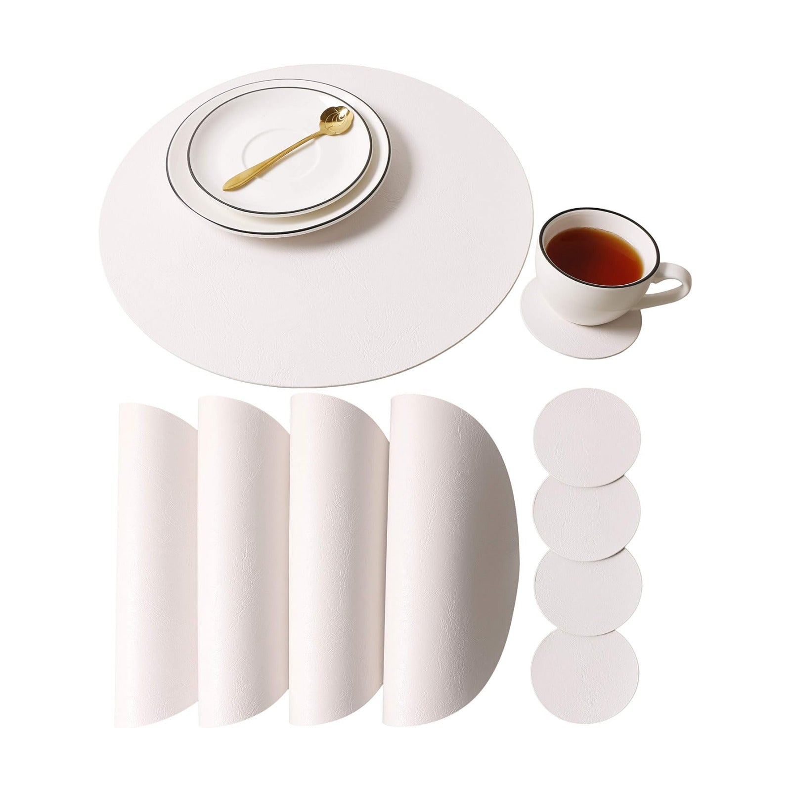 Embossed PU Leather Placemats, Waterproof Coffee Coasters, Kitchen Table Mats, Easy to Wipe Off for Dining Round Table