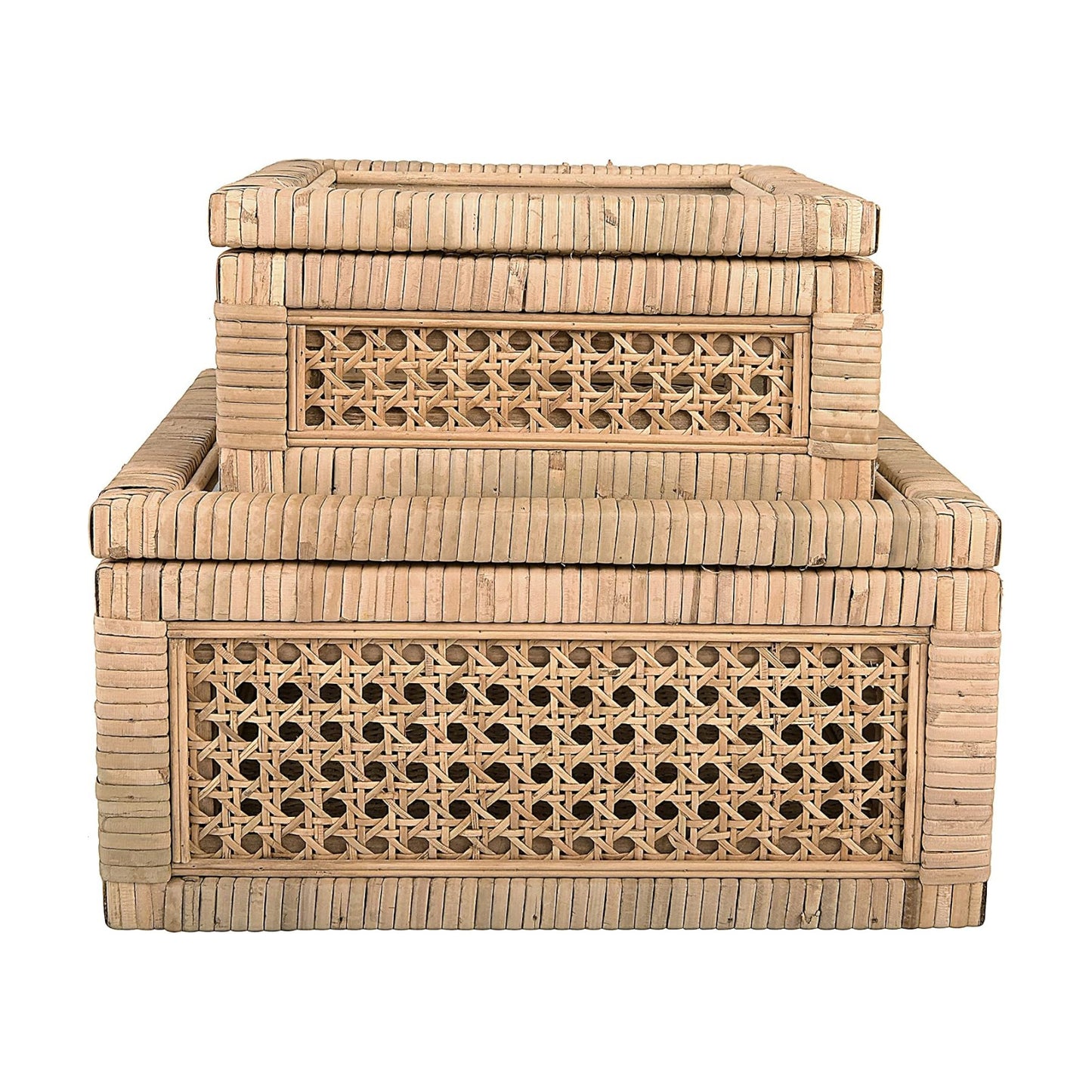 Modern Decorative Woven Rattan and Wood Display Boxes / Natural / Square / Set of 2
