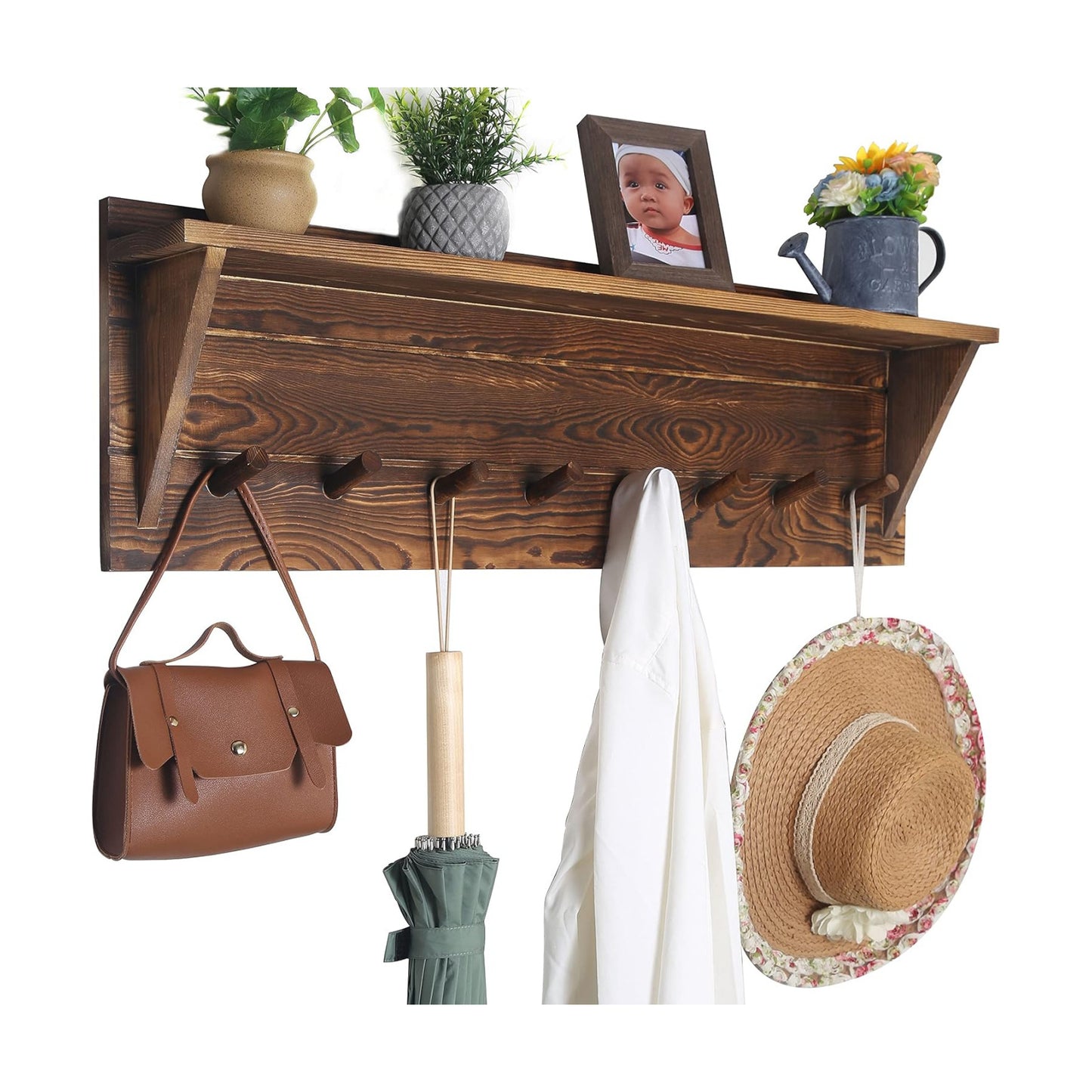 WEBI Coat Rack Wall Mount with Shelf,8 Peg Hooks,34" Long Rustic Entryway Wall Shelf with Hooks Underneath for Hanging