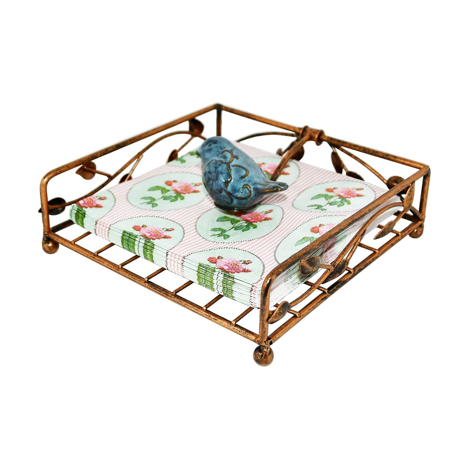 Collection Coated Metal Flat Napkin Holder Dispensing Stand w/Ceramic Bird / Bronze / One Size